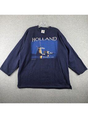 Vintage Holland Sweatshirt Womens XL Blue Windmills By Night Graphic Pullover